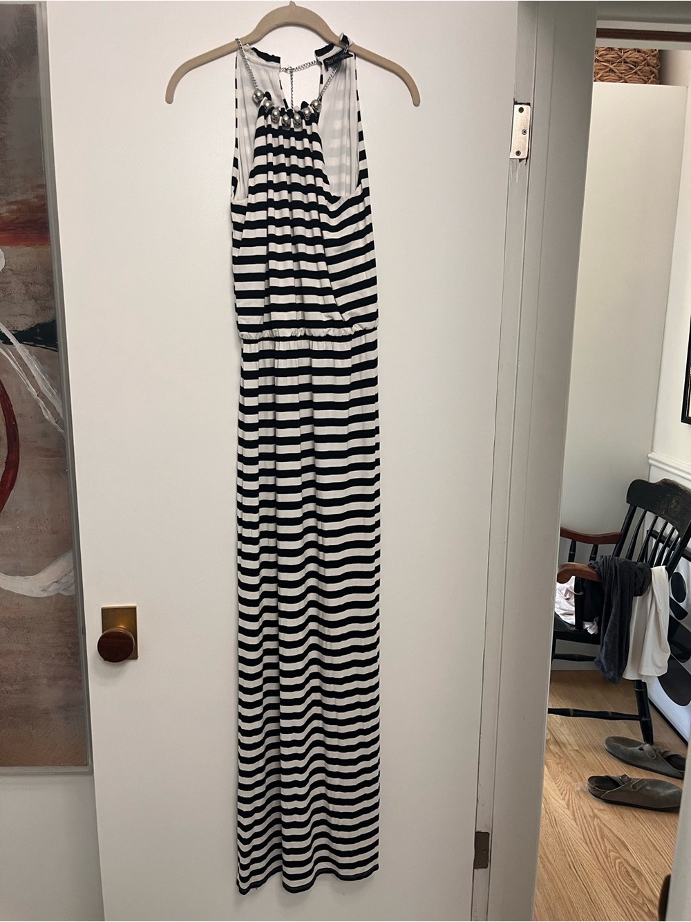 White House Black Market Black and White Striped Halter Maxi Dress